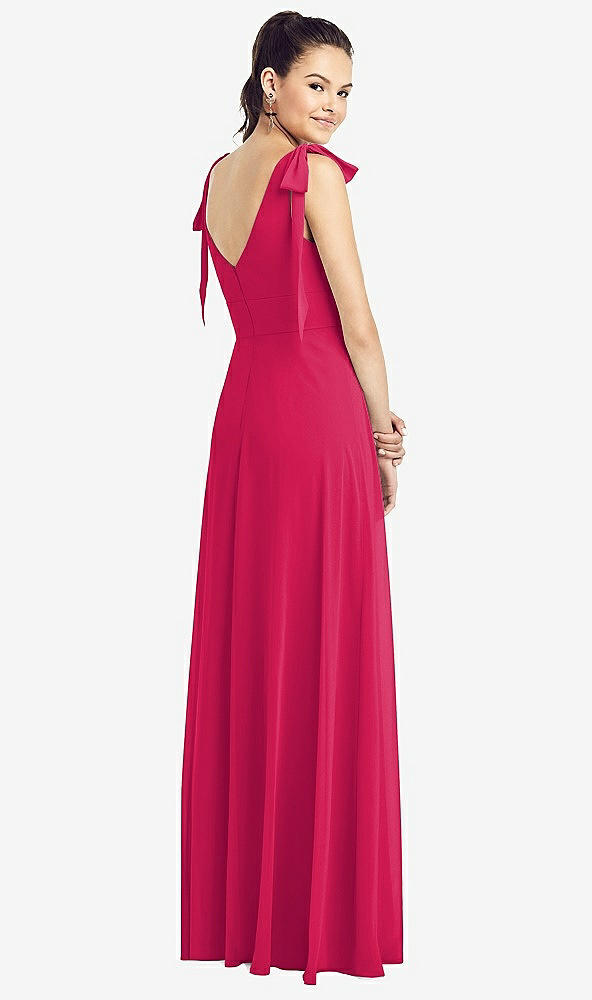Back View - Vivid Pink Bow-Shoulder V-Back Chiffon Gown with Front Slit
