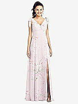 Front View Thumbnail - Watercolor Print Bow-Shoulder V-Back Chiffon Gown with Front Slit