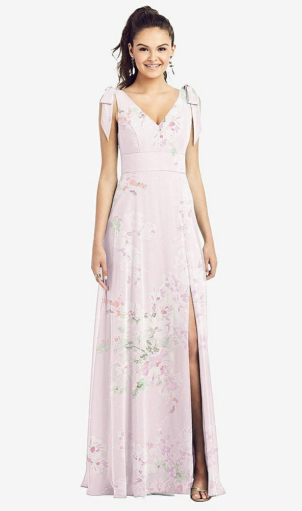 Front View - Watercolor Print Bow-Shoulder V-Back Chiffon Gown with Front Slit
