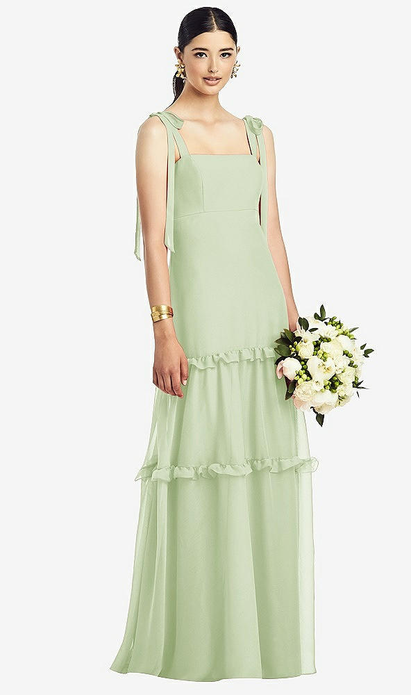 Front View - Limeade Bowed Tie-Shoulder Chiffon Dress with Tiered Ruffle Skirt