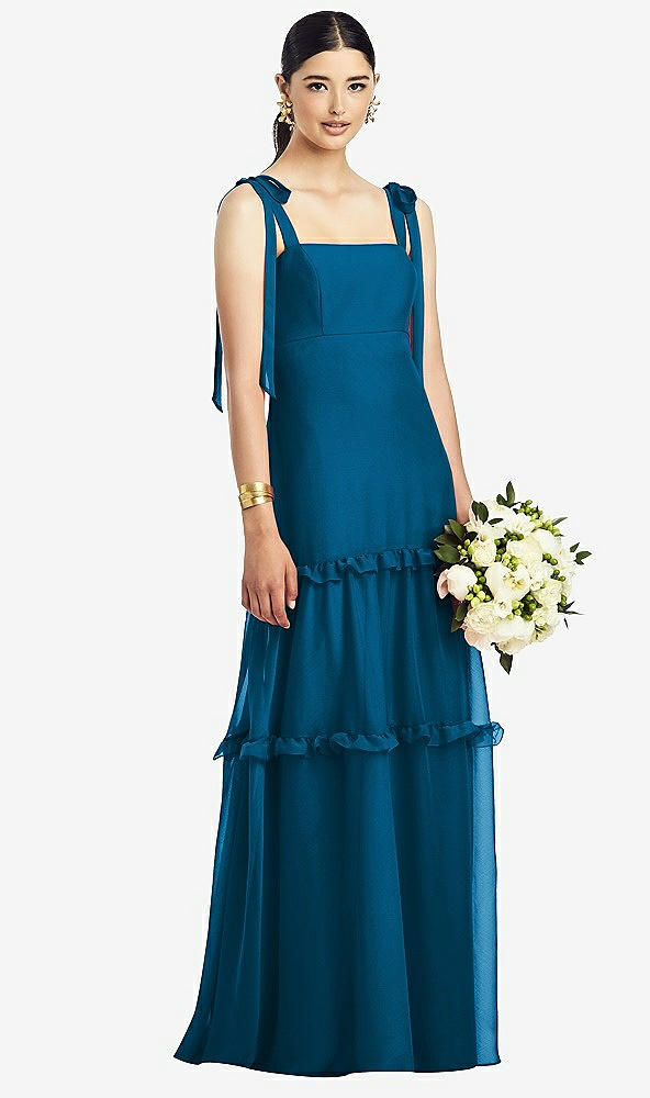 Front View - Ocean Blue Bowed Tie-Shoulder Chiffon Dress with Tiered Ruffle Skirt