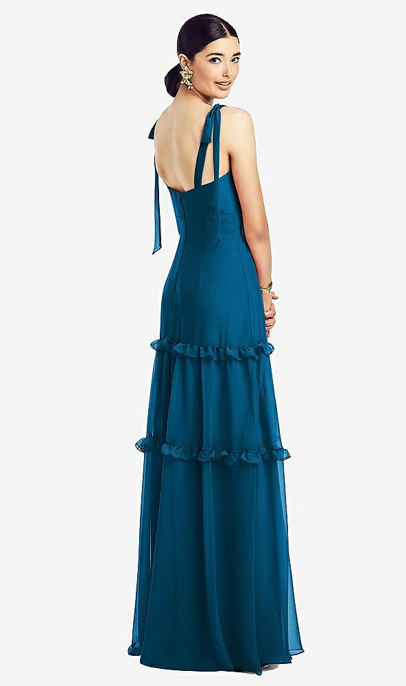Back View - Ocean Blue Bowed Tie-Shoulder Chiffon Dress with Tiered Ruffle Skirt
