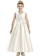 Front View Thumbnail - Ivory Faux Wrap Pleated Skirt Satin Twill Flower Girl Dress with Bow