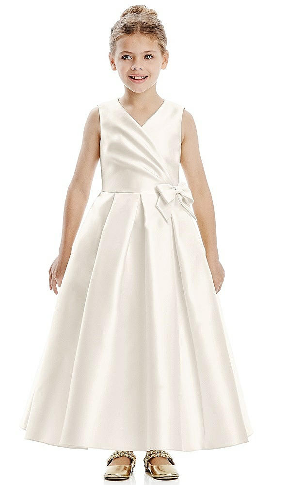 Front View - Ivory Faux Wrap Pleated Skirt Satin Twill Flower Girl Dress with Bow