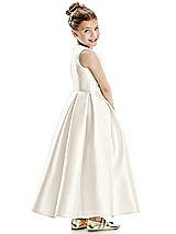 Rear View Thumbnail - Ivory Faux Wrap Pleated Skirt Satin Twill Flower Girl Dress with Bow