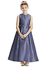 Front View Thumbnail - French Blue Princess Line Satin Twill Flower Girl Dress with Bows