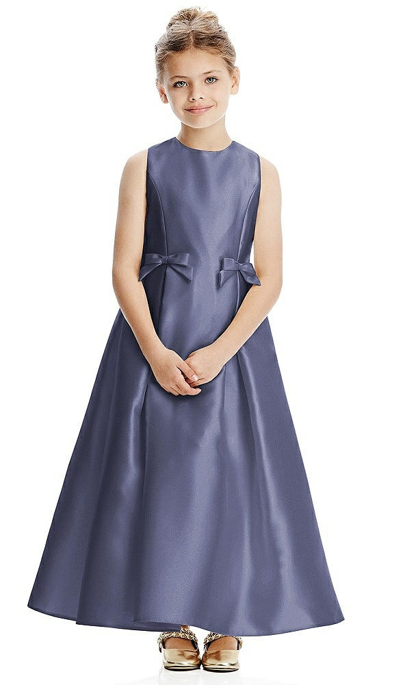 Front View - French Blue Princess Line Satin Twill Flower Girl Dress with Bows