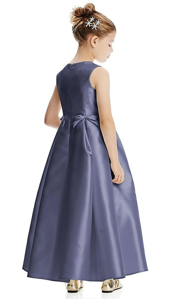 Back View - French Blue Princess Line Satin Twill Flower Girl Dress with Bows