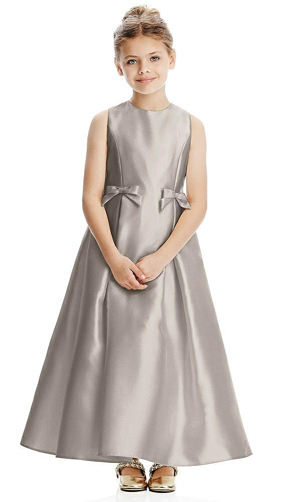 Front View - Taupe Princess Line Satin Twill Flower Girl Dress with Bows