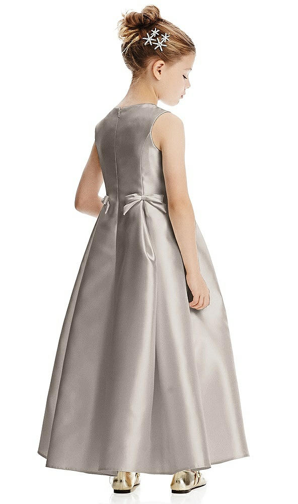 Back View - Taupe Princess Line Satin Twill Flower Girl Dress with Bows