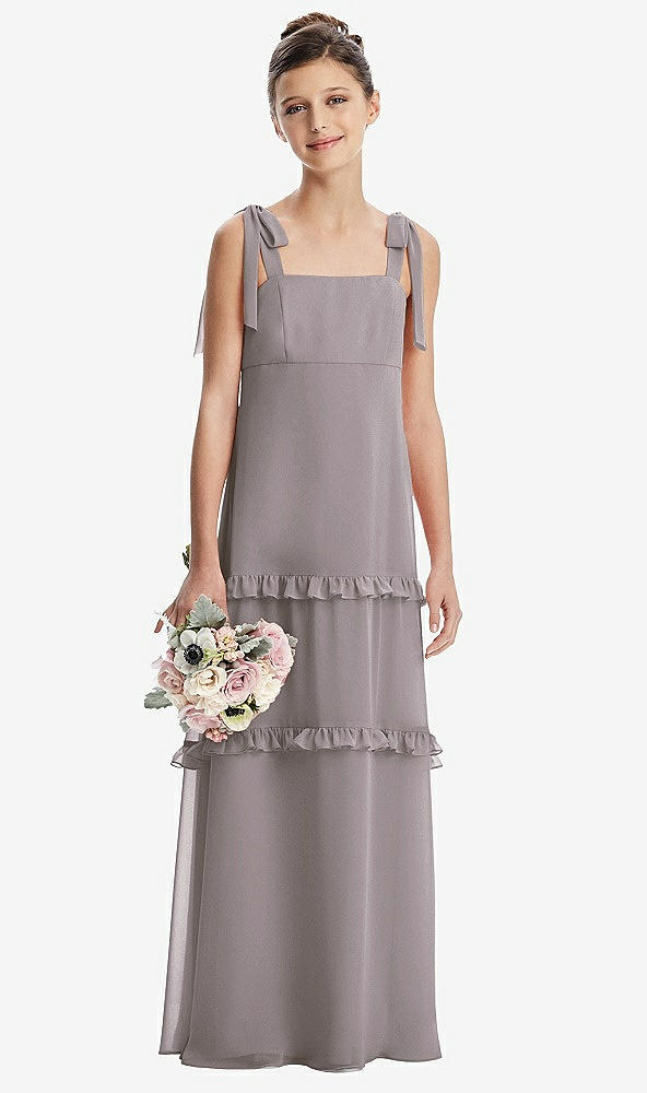 Front View - Cashmere Gray Tie-Shoulder Juniors Dress with Tiered Ruffle Skirt