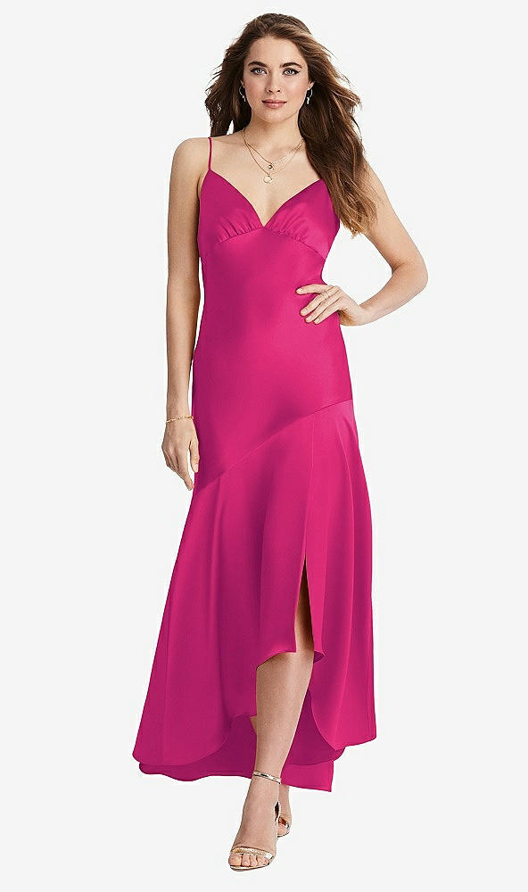 Front View - Think Pink Asymmetrical Drop Waist High-Low Slip Dress - Devon