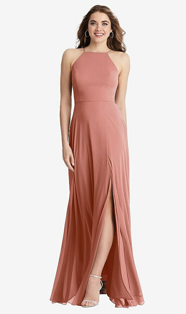 Front View - Desert Rose High Neck Chiffon Maxi Dress with Front Slit - Lela