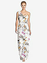 Front View Thumbnail - Butterfly Botanica Ivory One-Shoulder Draped Maxi Dress with Front Slit - Aeryn