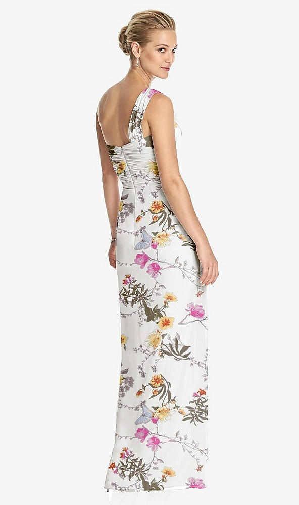 Back View - Butterfly Botanica Ivory One-Shoulder Draped Maxi Dress with Front Slit - Aeryn