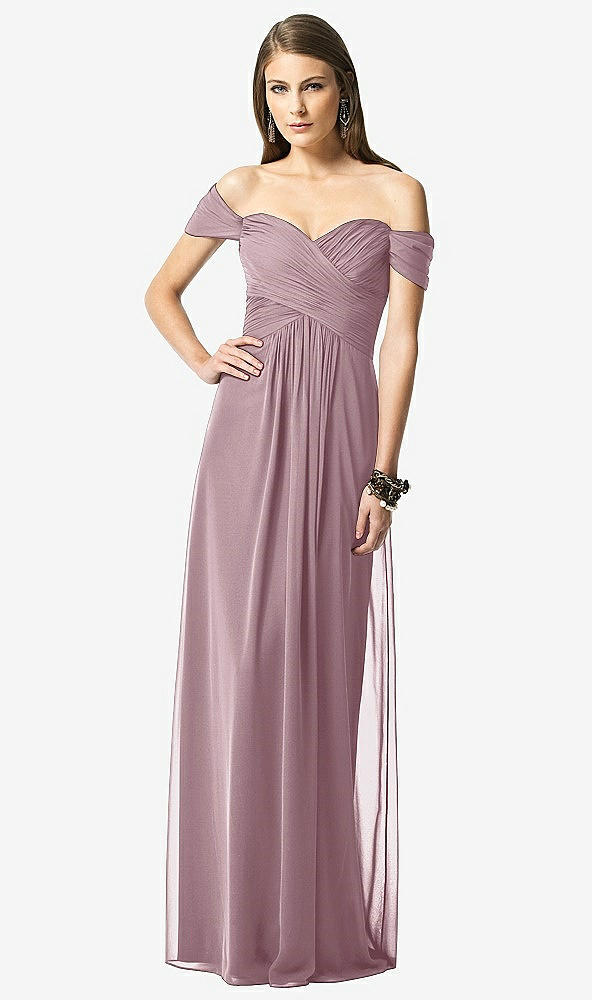 Front View - Dusty Rose Off-the-Shoulder Ruched Chiffon Maxi Dress - Alessia