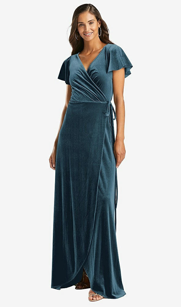 Front View - Dutch Blue Flutter Sleeve Velvet Wrap Maxi Dress with Pockets
