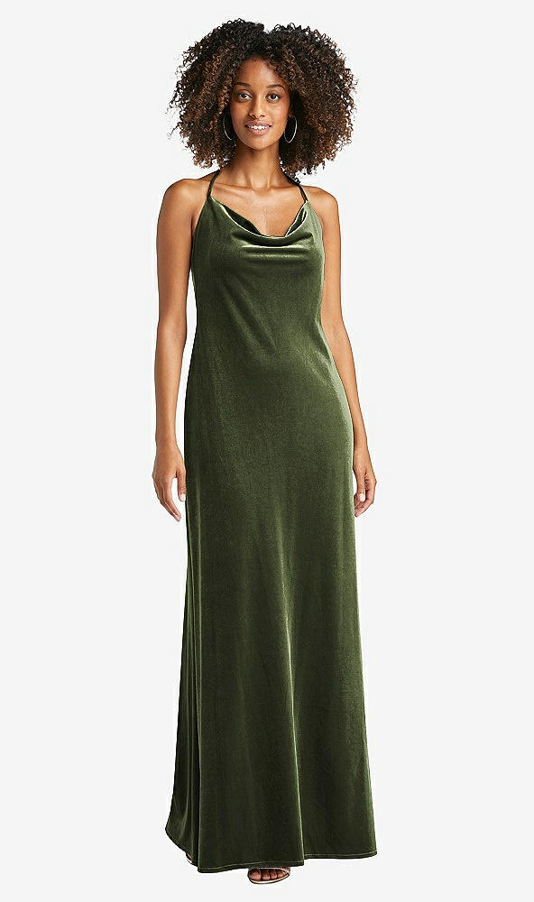 Front View - Olive Green Cowl-Neck Convertible Velvet Maxi Slip Dress - Sloan