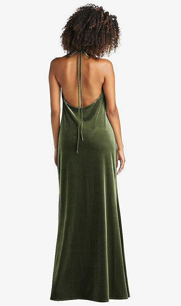 Back View - Olive Green Cowl-Neck Convertible Velvet Maxi Slip Dress - Sloan
