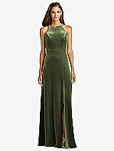 Front View Thumbnail - Olive Green Velvet Halter Maxi Dress with Front Slit - Harper