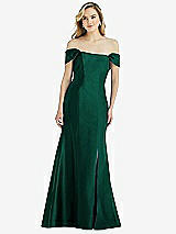Side View Thumbnail - Hunter Green Off-the-Shoulder Bow-Back Satin Trumpet Gown
