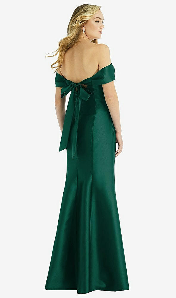 Back View - Hunter Green Off-the-Shoulder Bow-Back Satin Trumpet Gown