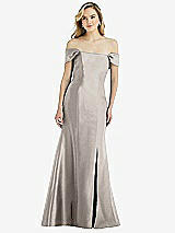 Side View Thumbnail - Taupe Off-the-Shoulder Bow-Back Satin Trumpet Gown