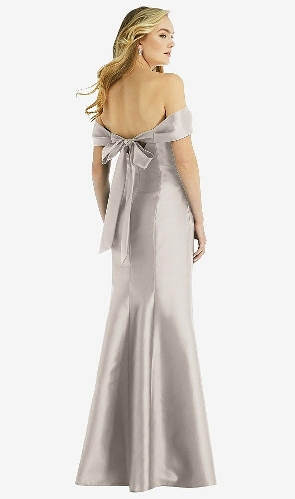 Back View - Taupe Off-the-Shoulder Bow-Back Satin Trumpet Gown