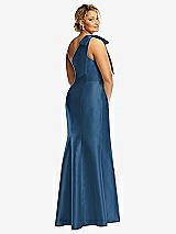 Rear View Thumbnail - Dusk Blue Bow One-Shoulder Satin Trumpet Gown
