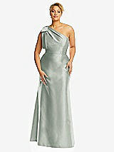 Front View Thumbnail - Willow Green Bow One-Shoulder Satin Trumpet Gown