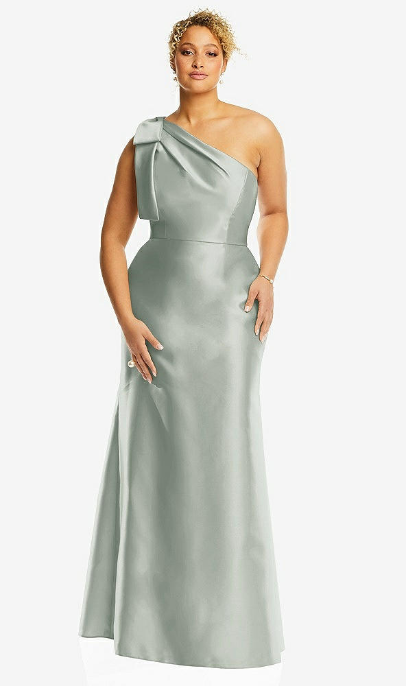 Front View - Willow Green Bow One-Shoulder Satin Trumpet Gown
