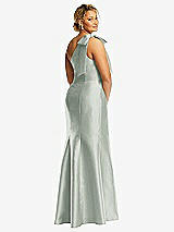 Rear View Thumbnail - Willow Green Bow One-Shoulder Satin Trumpet Gown