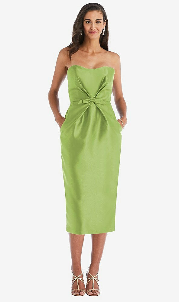Front View - Mojito Strapless Bow-Waist Pleated Satin Pencil Dress with Pockets