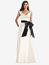 Front View Thumbnail - Ivory & Black Off-the-Shoulder Bow-Waist Maxi Dress with Pockets