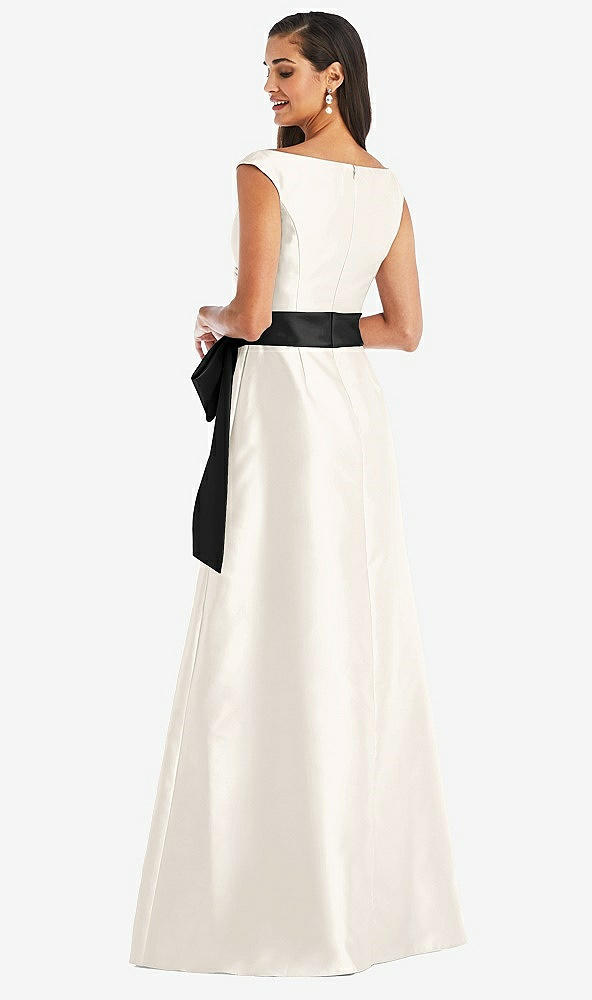 Back View - Ivory & Black Off-the-Shoulder Bow-Waist Maxi Dress with Pockets