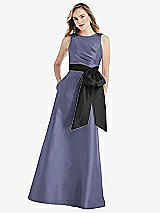 Front View Thumbnail - French Blue & Black High-Neck Bow-Waist Maxi Dress with Pockets