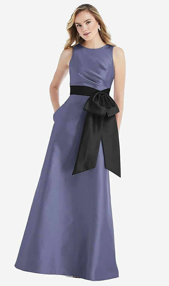 Front View - French Blue & Black High-Neck Bow-Waist Maxi Dress with Pockets