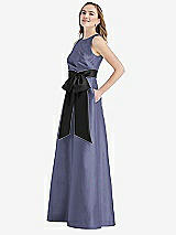 Side View Thumbnail - French Blue & Black High-Neck Bow-Waist Maxi Dress with Pockets