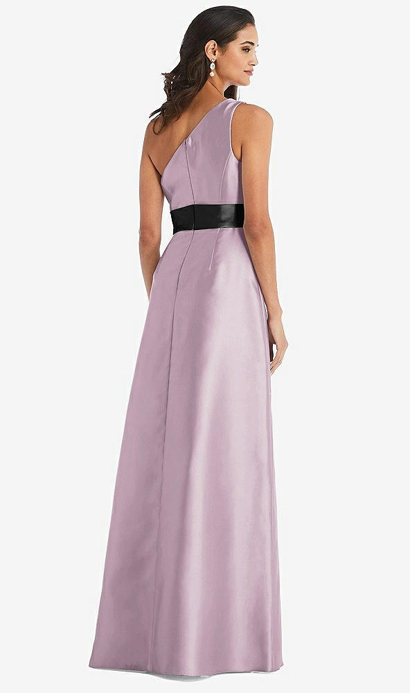Back View - Suede Rose & Black One-Shoulder Bow-Waist Maxi Dress with Pockets