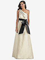 Front View Thumbnail - Champagne & Black One-Shoulder Bow-Waist Maxi Dress with Pockets