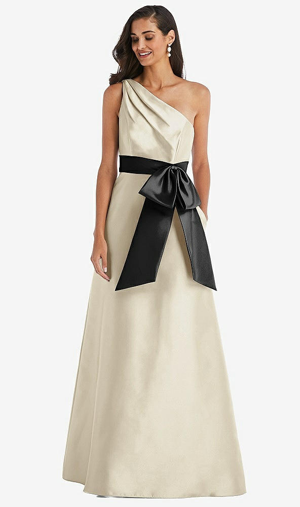 Front View - Champagne & Black One-Shoulder Bow-Waist Maxi Dress with Pockets