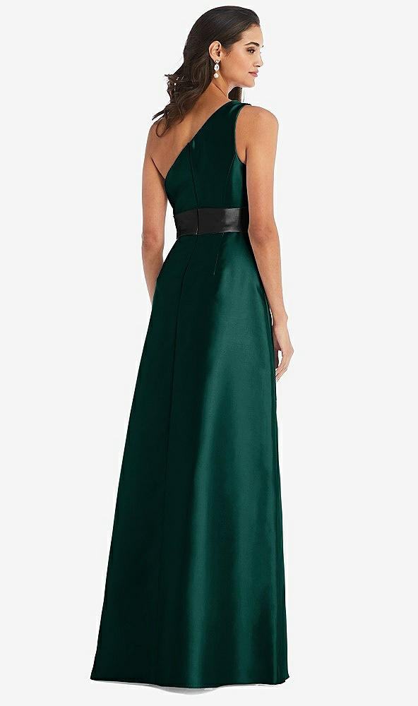Back View - Evergreen & Black One-Shoulder Bow-Waist Maxi Dress with Pockets