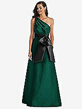 Front View Thumbnail - Hunter Green & Black One-Shoulder Bow-Waist Maxi Dress with Pockets