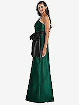 Side View Thumbnail - Hunter Green & Black One-Shoulder Bow-Waist Maxi Dress with Pockets