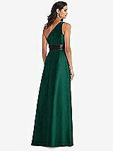 Rear View Thumbnail - Hunter Green & Black One-Shoulder Bow-Waist Maxi Dress with Pockets