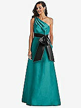 Front View Thumbnail - Jade & Black One-Shoulder Bow-Waist Maxi Dress with Pockets