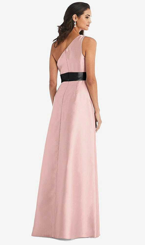 Back View - Rose - PANTONE Rose Quartz & Black One-Shoulder Bow-Waist Maxi Dress with Pockets