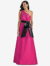 Front View Thumbnail - Think Pink & Black One-Shoulder Bow-Waist Maxi Dress with Pockets