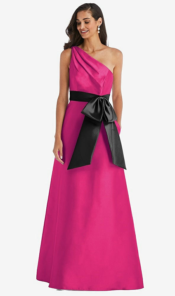 Front View - Think Pink & Black One-Shoulder Bow-Waist Maxi Dress with Pockets