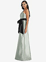 Side View Thumbnail - Willow Green & Black One-Shoulder Bow-Waist Maxi Dress with Pockets